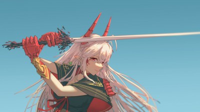 Anime Girl Red Horns White Hair Sword HD Wallpaper