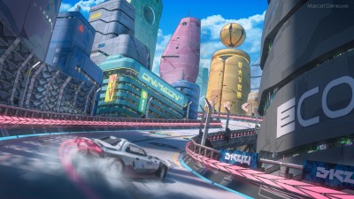Futuristic Car Drift Skyscraper Digital Art HD Wallpaper