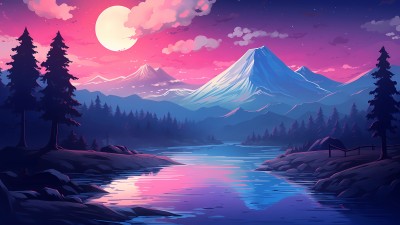Full Moon Mountains Pink Clouds Art HD Wallpaper