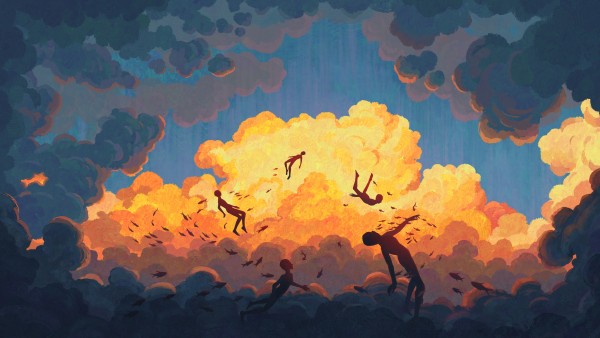 Orange Clouds Floating People Art Wallpaper