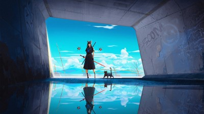 Women Cat Clouds Reflection Water HD Wallpaper