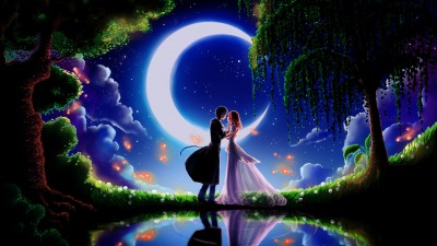 Anime Couple Love Night Moon HD Wallpaper