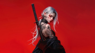 Concept Art Anime Girl Tattoo Katana HD Wallpaper