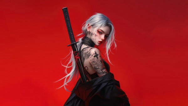 Concept Art Anime Girl Tattoo Katana Wallpaper