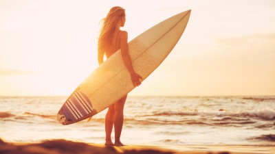 Girl Beach Sunset Surfboard HD Wallpaper