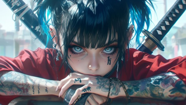 Anime Girl Tattoo Katana Ai Art Wallpaper