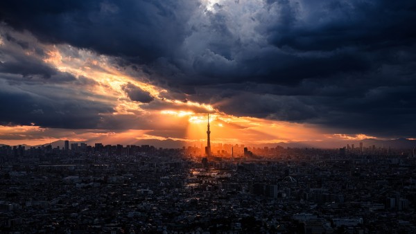 Japan Tokyo Skytree Sun Rays Clouds Wallpaper