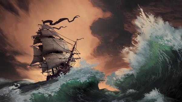 Ocean Waves Pirate Ship Painting Wallpaper