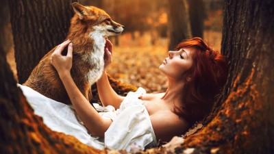 Redhead Women Fox Autumn Forest HD Wallpaper