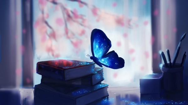 Blue Fantasy Butterfly Books Art Wallpaper