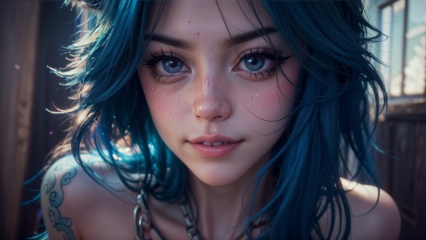 Cute Girl Blue Hair Tattoo Ai Art Wallpaper
