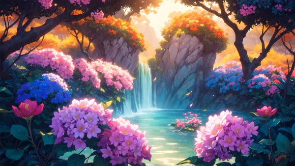 Colorful Flowers Trees Waterfall Scene Wallpaper
