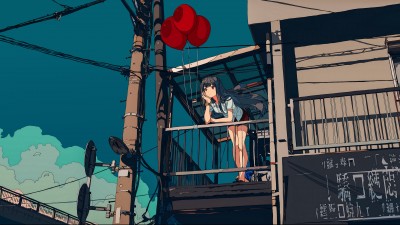 Anime Girl Red Balloons Balcony
