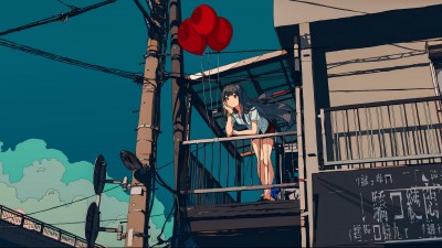 Anime Girl Red Balloons Balcony HD Wallpaper