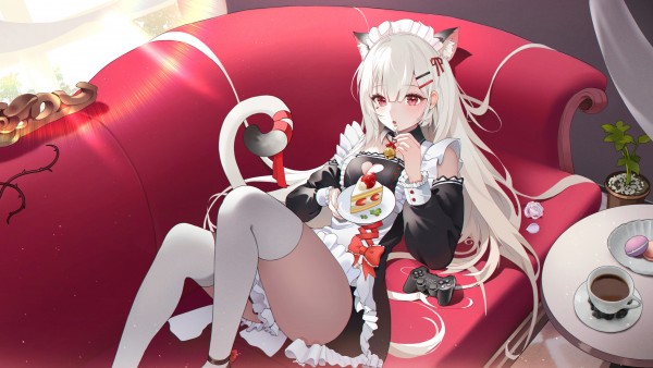 Anime Girl White Hair Fruit Cake Wallpaper