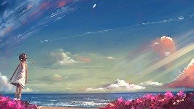 Girl Kite Blue Sky Anime Drawing