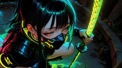 Anime Girl Mask Katana Sword Ai Art HD Wallpaper