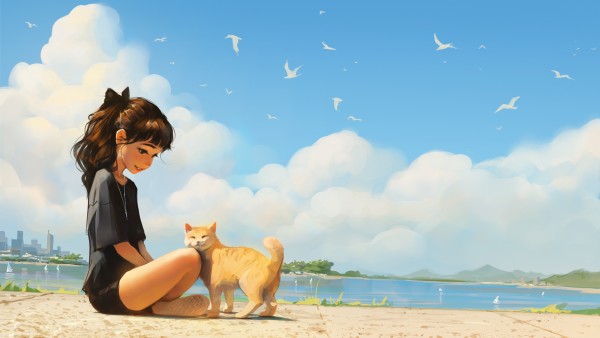 Anime Girl Cat Beach Clouds Wallpaper