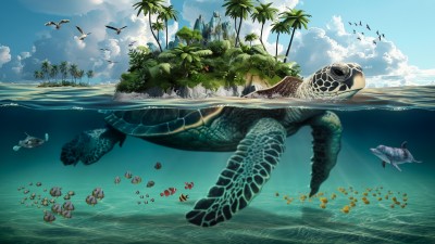 Fantasy Sea Creature Palm Trees HD Wallpaper