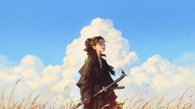 Samurai Girl Clouds Field Artwork HD Wallpaper