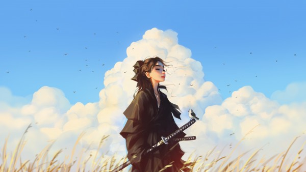 Samurai Girl Clouds Field Artwork Wallpaper