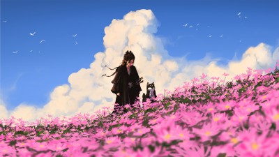 Samurai Girl Clouds Flower Field HD Wallpaper