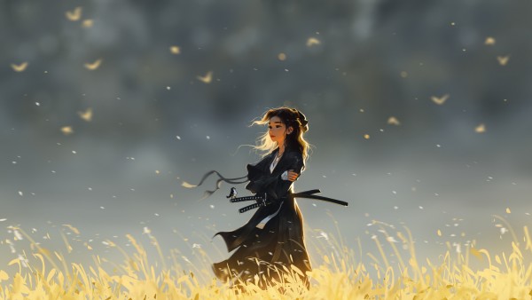 Samurai Girl Sword Bird Field Art Wallpaper