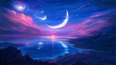 Mystical Moon Blue Sky Comet Sea Art HD Wallpaper