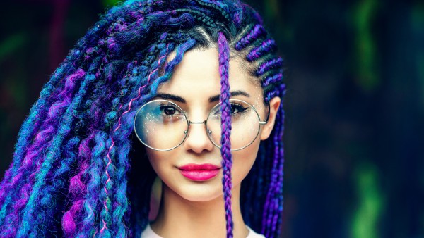 Girl Glasses Blue Hair Portrait Wallpaper
