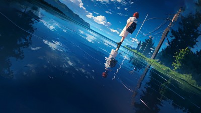 Anime Girl Water Reflection Clouds Scenery HD Wallpaper