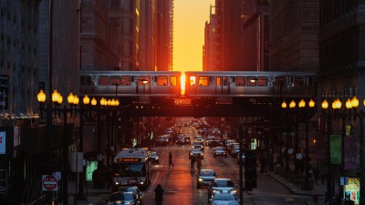 Chicago Streets Cars Train Sun HD Wallpaper
