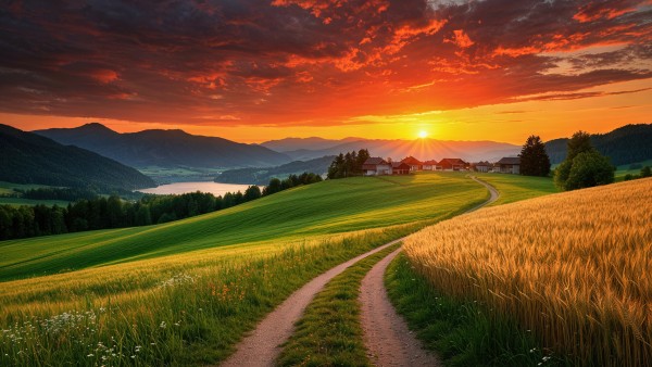 Nature Landscape Wheat Field Road Wallpaper