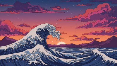 Ocean Wave Sunset Clouds Art HD Wallpaper