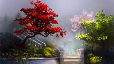 Art Painting Red Bonsai Tree Garden HD Wallpaper