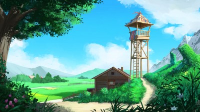 Anime Landscape Hut Sky HD Wallpaper