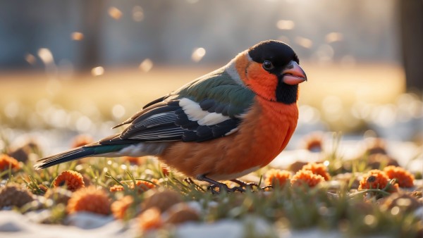 Bird Orange Feathers Flowers Wallpaper
