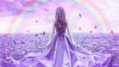 Purple Flowers Rainbow Bbutterfly Girl HD Wallpaper