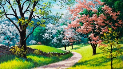 Green Grass Spring Trees Road Painting HD Wallpaper