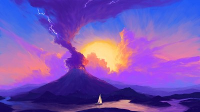 Volcanic Eruption Boat Digital Art HD Wallpaper