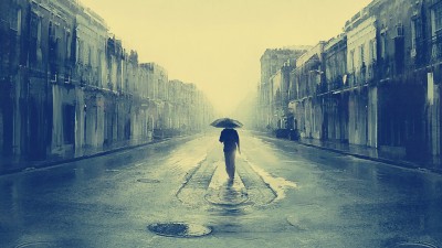 Sad Man Umbrella Rainy Street