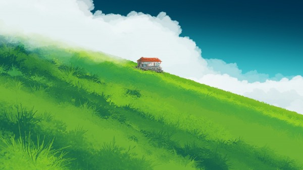 Minimalist Green Field House Clouds Wallpaper