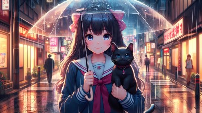 Anime Girl Black Kitty Rain Umbrella Ai HD Wallpaper