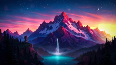 Fantasy Mountain Waterfall River HD Wallpaper