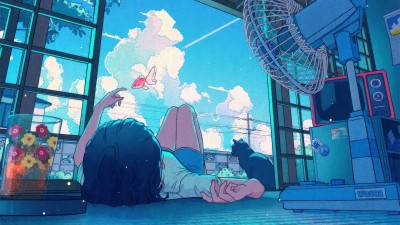 Anime Girl Black Cat Magical Clouds HD Wallpaper