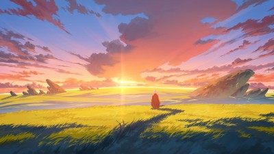 Landscape Field Sunset Sky Digital Art HD Wallpaper