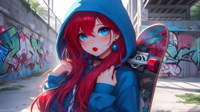 Anime Girl Red Hair Skateboard Graffiti HD Wallpaper