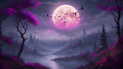 Fantasy Forest Purple Tree Moon Birds HD Wallpaper