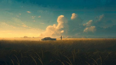 Classic Car Landscape Road Artwork HD Wallpaper