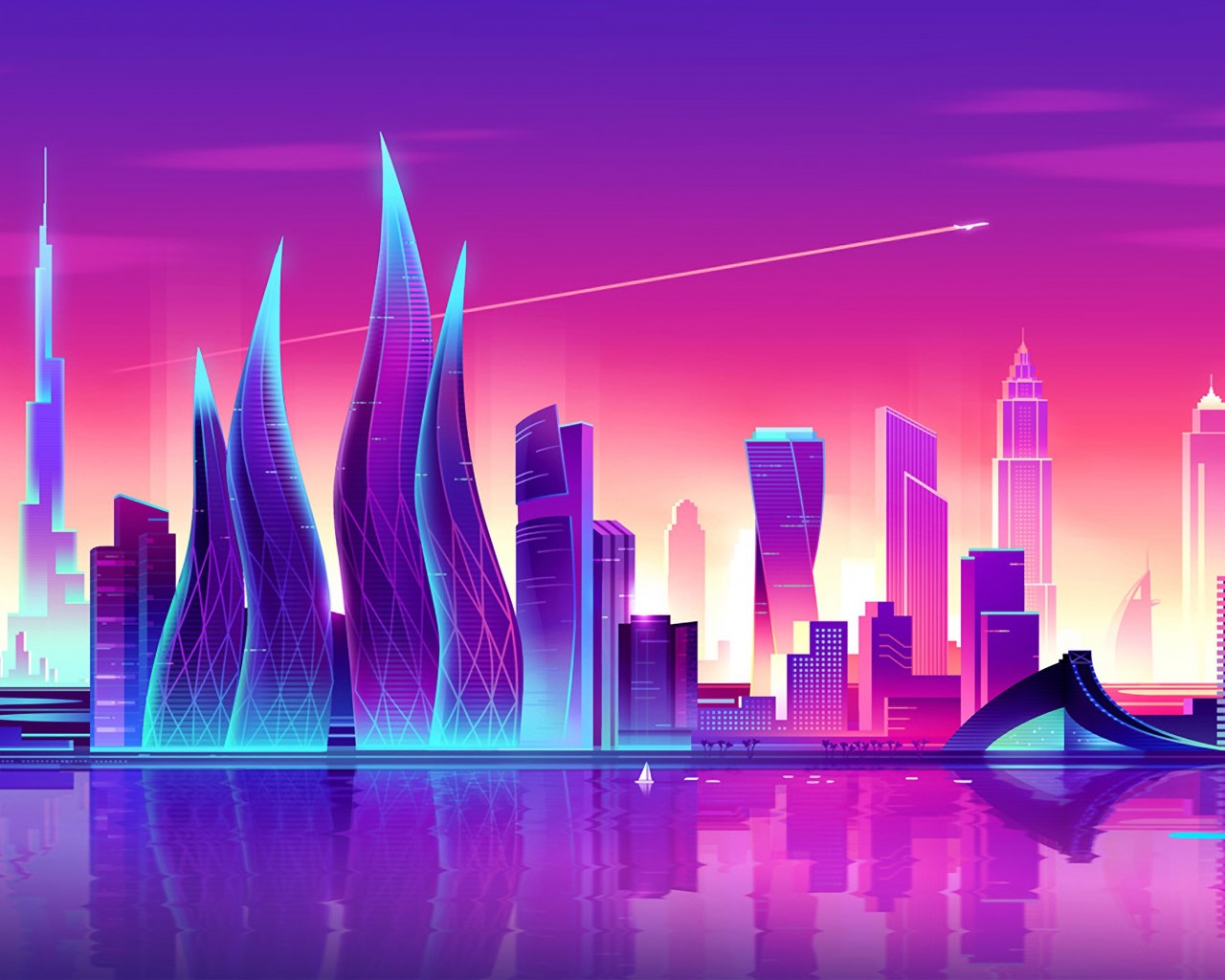Download Neon Sunset Dubai Skyscrapers Wallpaper in 1280x1024 Resolution