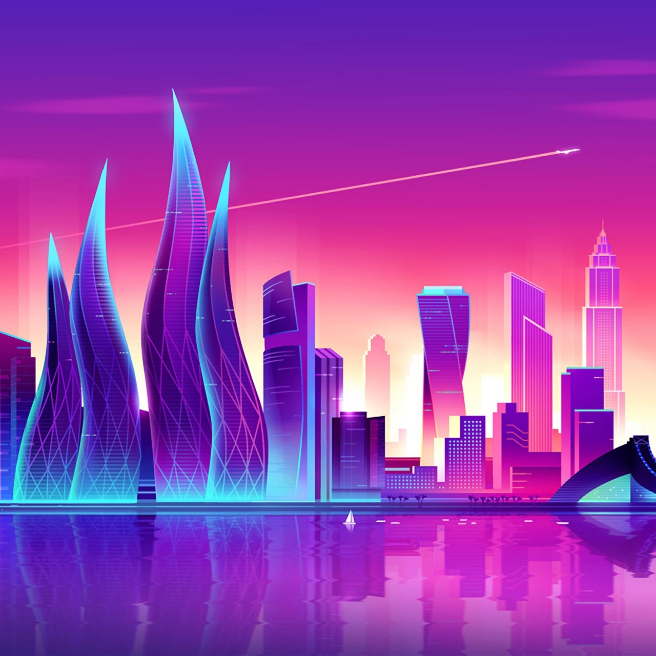 Download Neon Sunset Dubai Skyscrapers Wallpaper in 1280x1280 Resolution